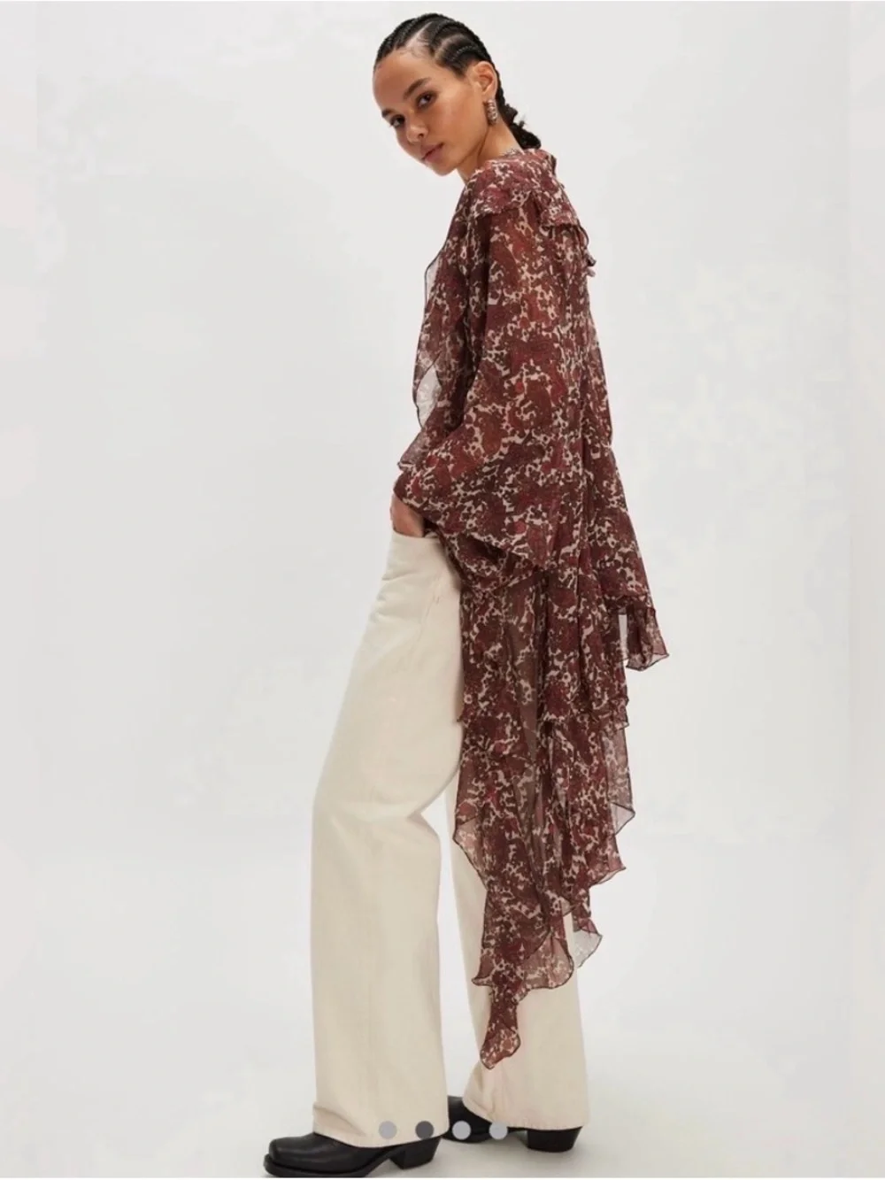 NWT Free People Brown Floral Ruffled Sheer Cardigan